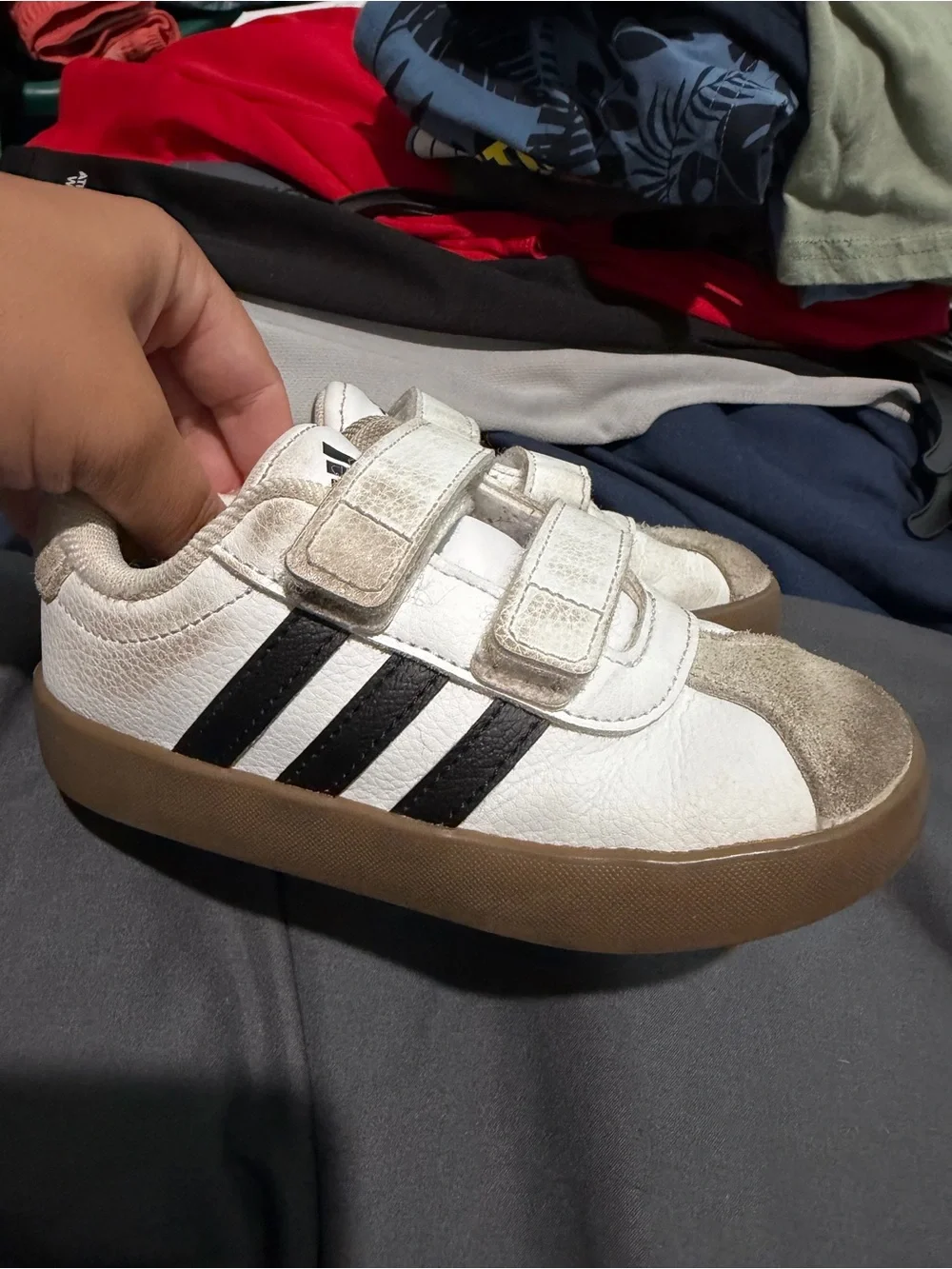 Adidas Kids White Black Gum Sole Velcro Sneakers